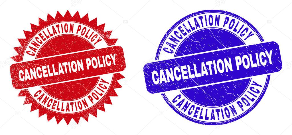 Rounded and rosette CANCELLATION POLICY seal stamps. Flat vector distress seal stamps with CANCELLATION POLICY title inside round and sharp rosette shape, in red and blue colors.