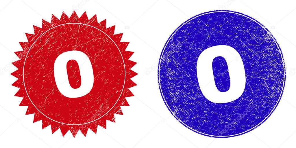 Round and rosette 0 watermarks. Flat vector distress watermarks with 0 slogan inside round and sharp rosette shape, in red and blue colors. Watermarks with unclean surface, on a white background.