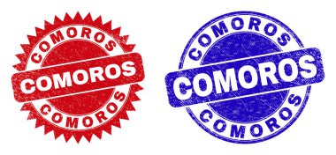 Yuvarlak ve rosette filigran. Düz vektör, kırmızı ve mavi renklerde, yuvarlak ve keskin roset şeklindeki COMOROS yazısıyla filigran desenli. Kirli yüzeyi olan plastik taklitler,