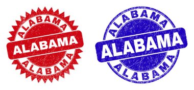 Yuvarlak ve Rosette Alabama filigranı. Düz vektör, kırmızı ve mavi renklerde, yuvarlak ve keskin roset şeklinde ALABAMA başlıklı filigranları çizdi. Grunted yüzey ile filigran,