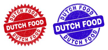 Yuvarlak ve rosette DUTCH yiyecek filigranı. Düz vektör, yuvarlak ve keskin roset şeklinde, kırmızı ve mavi renklerde DUTCH FOOD metin ile pulları çizdi. Kirli biçimli filigranlar,