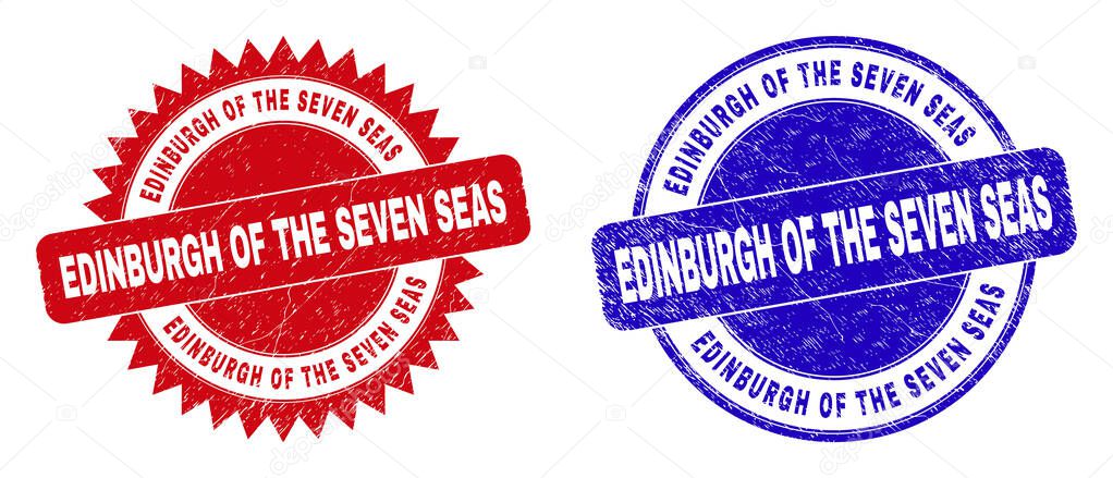 Round and rosette EDINBURGH OF THE SEVEN SEAS seal stamps. Flat vector scratched seal stamps with EDINBURGH OF THE SEVEN SEAS title inside round and sharp rosette form, in red and blue colors.