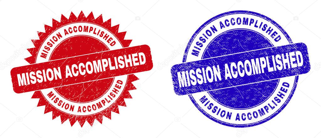 Rounded and rosette MISSION ACCOMPLISHED watermarks. Flat vector distress watermarks with MISSION ACCOMPLISHED tag inside round and sharp rosette form, in red and blue colors.