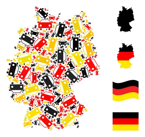 Collage Mapa Alemán de Artículos de Coche en Colores de Bandera Alemana — Archivo Imágenes Vectoriales