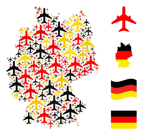 Alemão Mapa Colagem de itens de avião em cores da bandeira alemã — Vetor de Stock