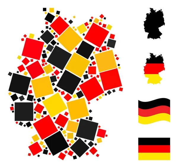 Mapa alemán Collage de iconos cuadrados llenos en colores de bandera alemana — Vector de stock
