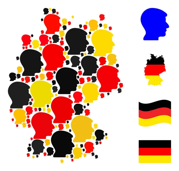 German Map Mosaic of Man Head Items in German Flag Colors — Stock Vector