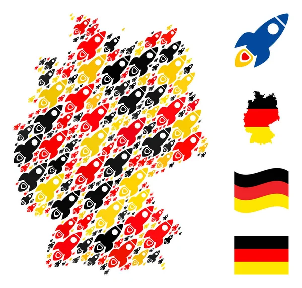 Mapa Alemán Mosaico de Cohetes Espaciales Artículos en Colores de Bandera Alemana — Archivo Imágenes Vectoriales