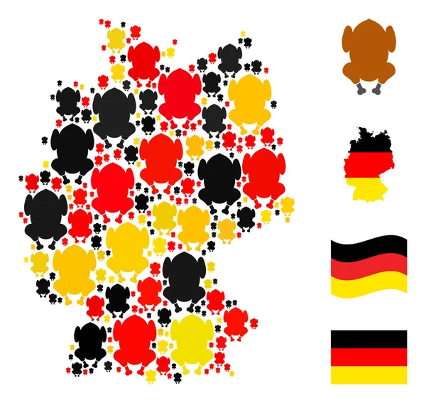 Alman Bayrak Renklerinde Kızarmış Tavuk Vücut Simgelerinin Alman Harita Kolajı — Stok Vektör