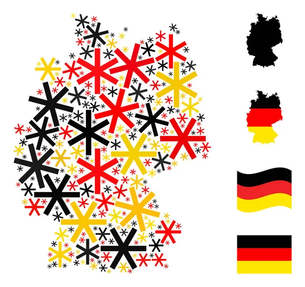 German Map Mosaic of Primitive Snowflake Items in German Flag Colors — Stock Vector