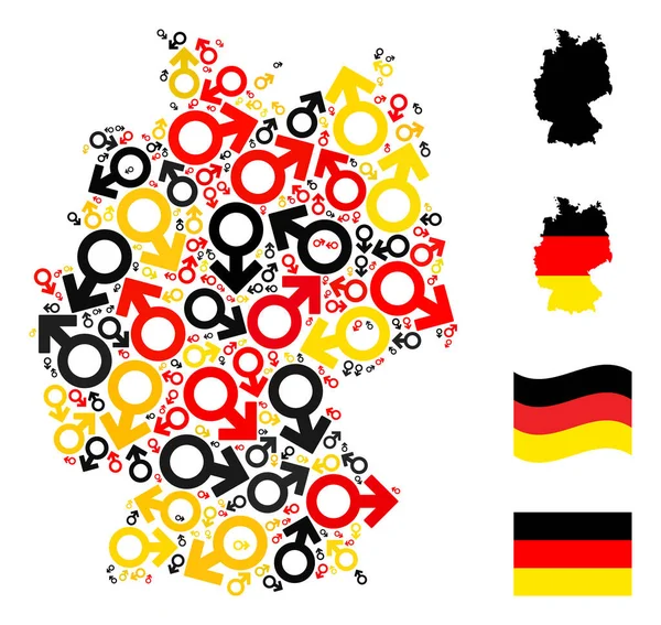 Német térkép kollázs férfi szimbólumok tételek német zászló színek — Stock Vector