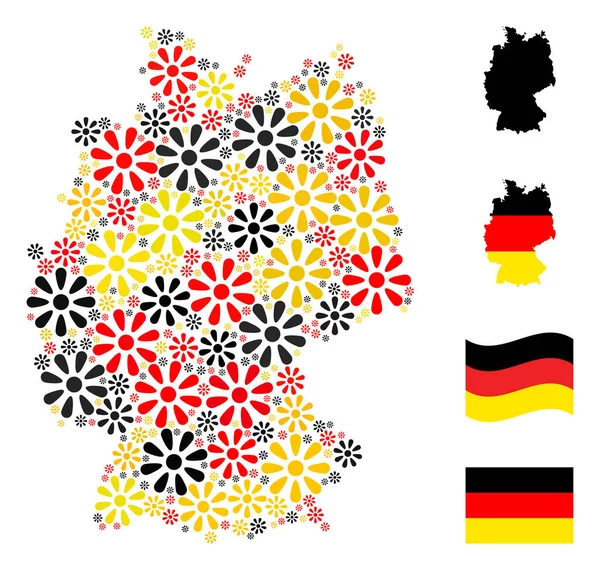 Német térkép kollázsa Virág ikonok német zászló színek — Stock Vector