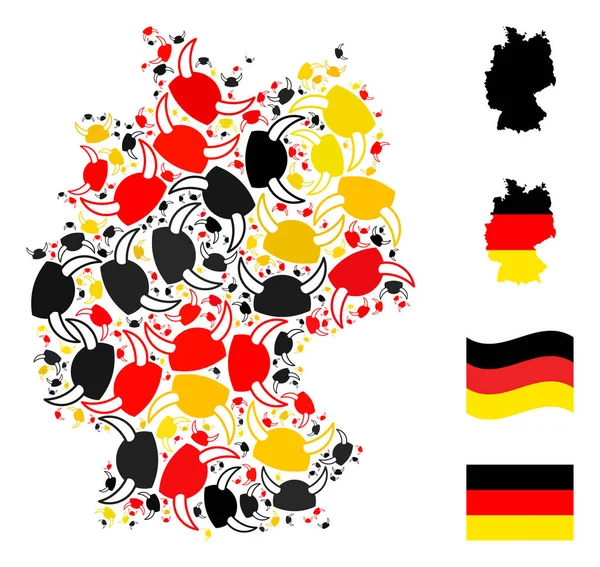 Alman Bayrak Renklerinde Boynuzlu Miğfer Simgelerinin Alman Haritası Kolajı — Stok Vektör