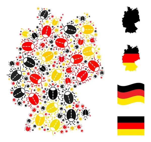 Német térkép kollázsa Bug ikonok német zászló színek — Stock Vector