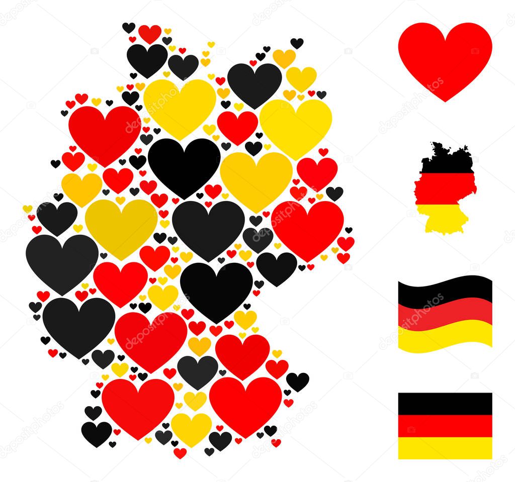 German Map Collage of Love Heart Icons in German Flag Colors