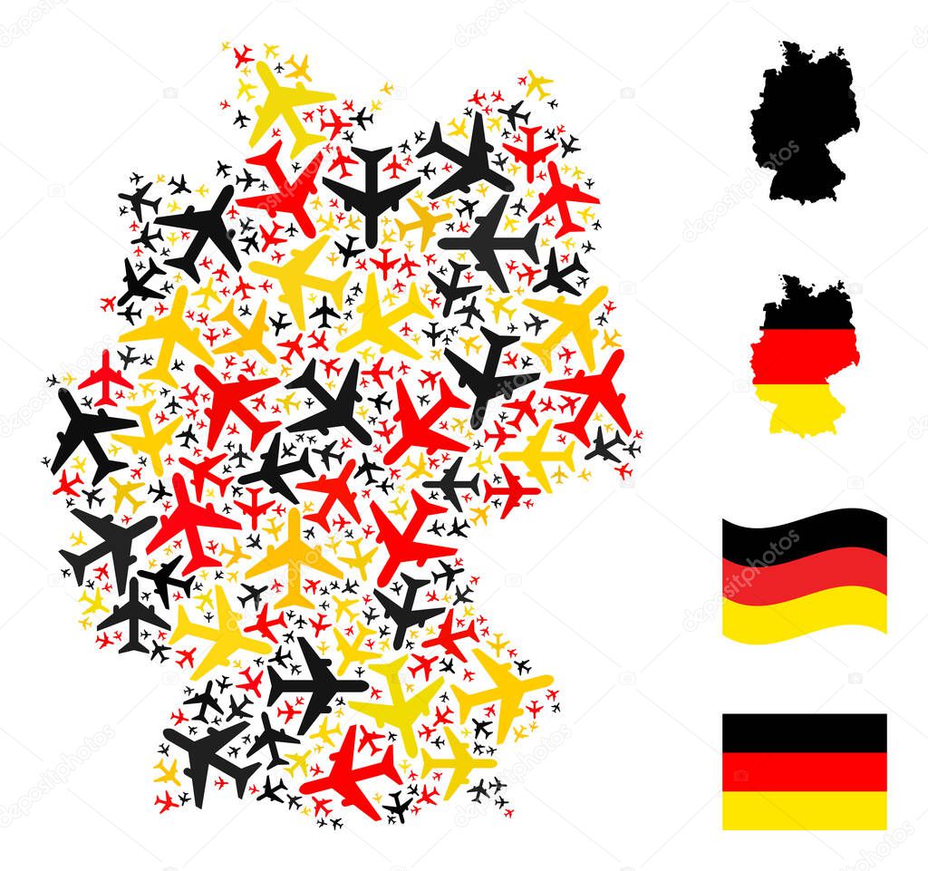 German Map Mosaic of Airplane Items in German Flag Colors