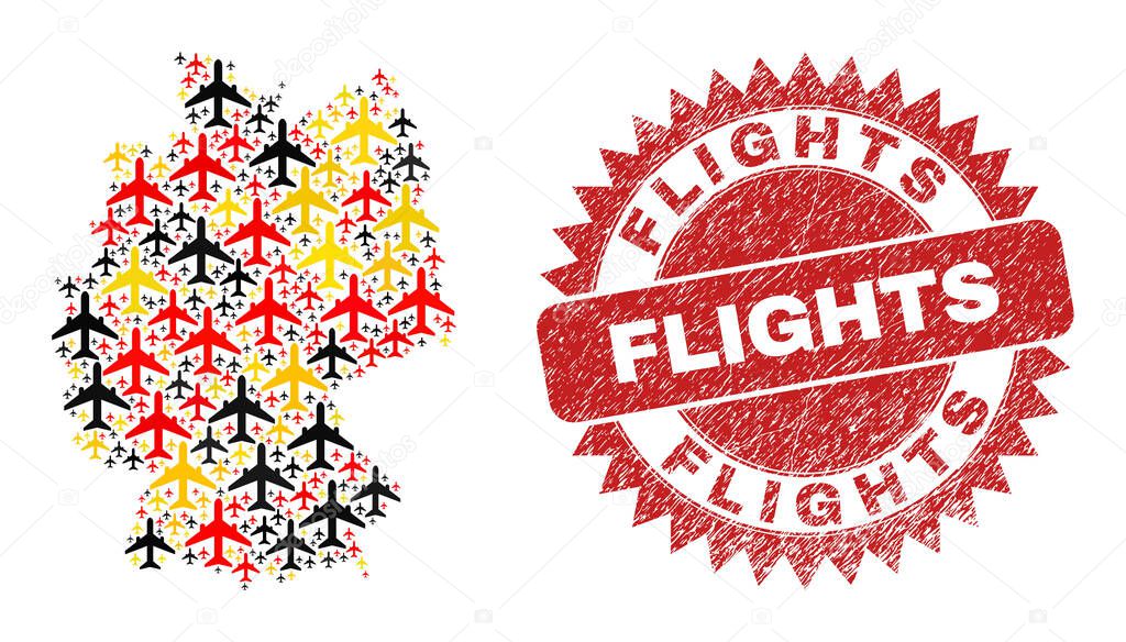 Flights Textured Seal and German Map Mosaic of Airplane Icons in German Flag Colors