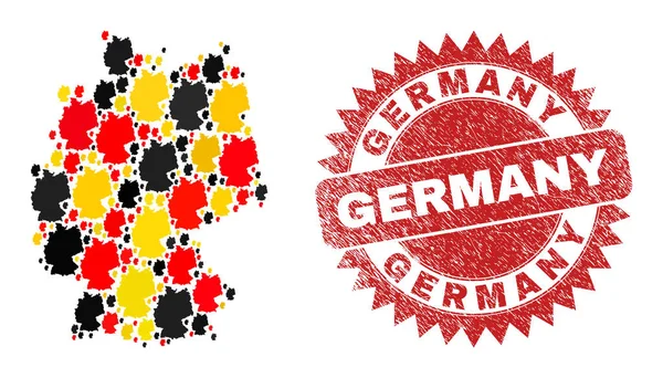 Alemanha Scratched Watermark and German Map Mosaico da Alemanha Mapa Itens em alemão Bandeira Cores — Vetor de Stock
