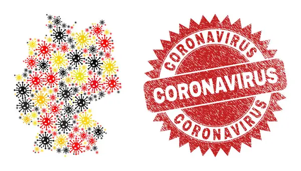 Coronavirus Grunge Stamp Seal and German Map Mosaic of Coronavirus Items in German Flag Colors — стоковий вектор