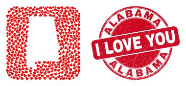 Filigran Rozeti ve Alabama Eyaleti Haritası Kalpler Şablonu Mozaiğini Sevin