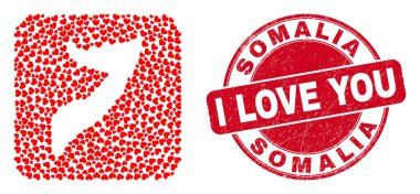 Love Grunge Mührü ve Somali Haritası Valentine Kalp Deliği Mozaiği