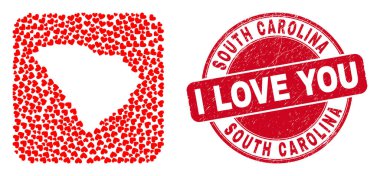 Love Grunge Seal ve South Carolina State Haritası Valentine Heart Stencil Mozaik