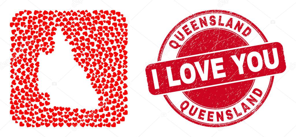 Love Grunge Stamp and Australian Queensland Map Valentine Heart Hole Mosaic