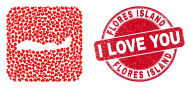 Filigran Rozeti ve Endonezya 'nın Flores Adası Haritası Kalp Kalıbı Mozaiği