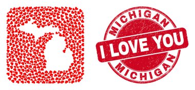 Damgalı Aşk Mührü ve Michigan Devlet Haritası Sevgililer Günü Kalbi Ters Mozaiği