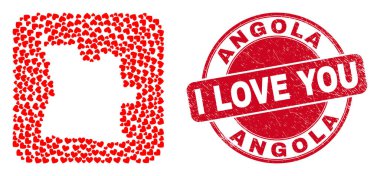 Aşk Grunge Damgası ve Angola Haritası Güzel Kalp Deliği Mozaiği