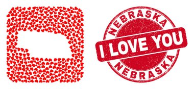 Aşk Kauçuk Mührü ve Nebraska Devlet Haritası Güzel Kalpler Şablonu Mozaiği