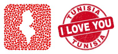 Love Grunge Damga Mührü ve Tunus Haritası Valentine Kalp Kalıbı Mozaiği