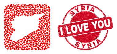 Love Grunge Stamp ve Suriye Haritası Valentine Kalbi Çıkarıldı Mozaik
