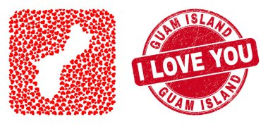Aşk Kazınmış Rozet ve Guam Adası Haritası Sevgililer Günü Kalbi Çıkarılmış Mozaik