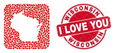 Love Grunge Stamp ve Wisconsin Eyalet Haritası Sevgililer Günü Kalbi Ters Mozaiği