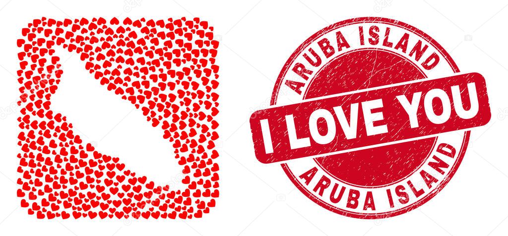 Love Watermark Stamp Seal and Aruba Island Map Lovely Heart Stencil Mosaic