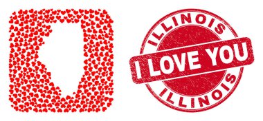Aşk Kauçuk Damgası ve Illinois Eyalet Haritası Güzel Kalpler Şablonu Mozaiği
