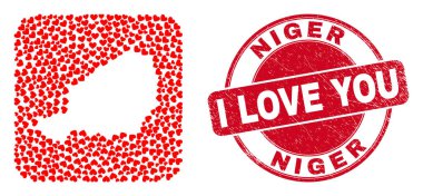 Damgalı Aşk Mührü ve Nijer Haritası Sevgililer Günü Kalp Deliği Mozaiği