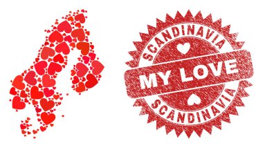 Benim Aşk Kauçuk Damgam ve İskandinavya Haritam Kalp Mozaiği
