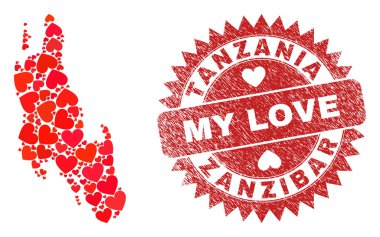 Benim Aşk Kauçuk Mührüm ve Zanzibar Adası Haritam Sevgililer Günü Mozaiği