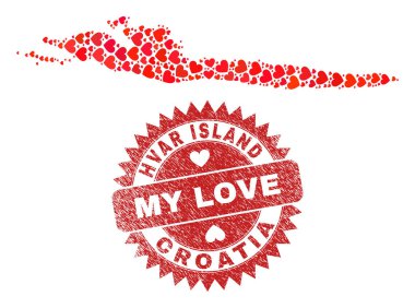 Aşkım Grunge Mührü ve Hvar Adası Haritası Kalp Mozaiği