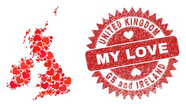 Aşkım Grunge Mührü ve İngiltere ve İrlanda Haritam Sevgililer Günü Mozaiği
