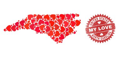 Aşk filigranım ve Kuzey Carolina Devlet Haritası Kalp Mozaiğim