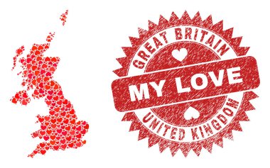 Benim Aşk Kauçuk Mührüm ve Birleşik Krallık Haritam Kalp Mozaiği