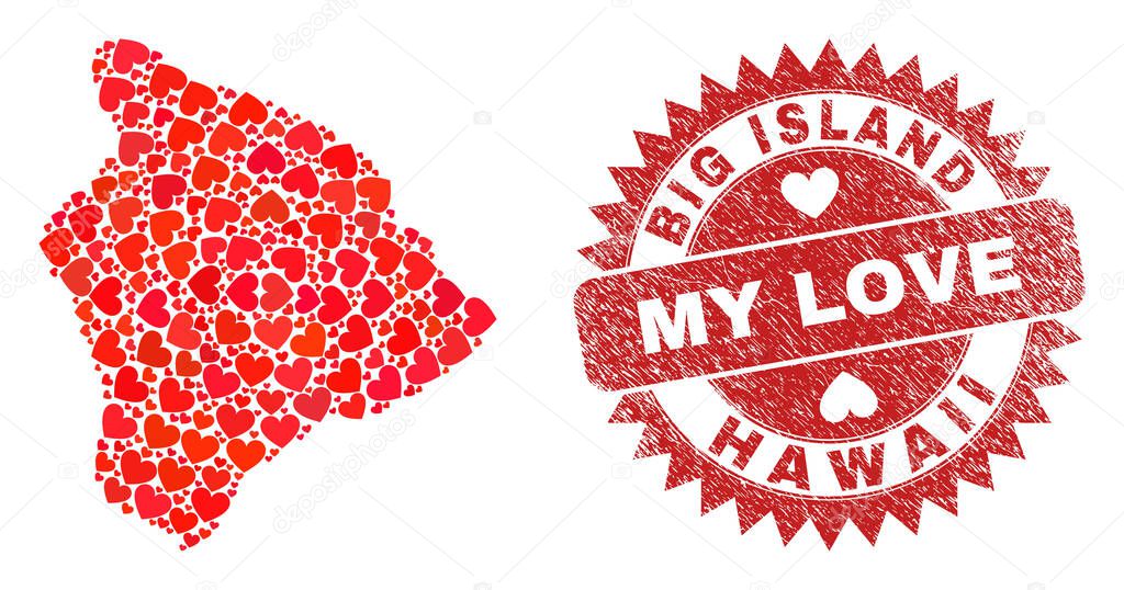 My Love Scratched Badge and Hawaii Big Island Map Valentine Heart Mosaic