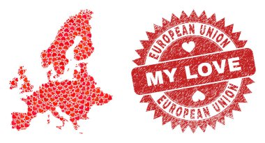 Aşkım Grunge Mührü ve Avrupa Birliği Haritası Sevgililer Günü Mozaiği
