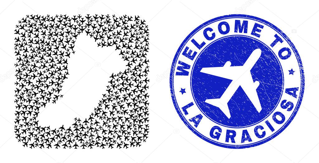 Welcome Watermark Stamp Seal and La Graciosa Island Map Airport Stencil Mosaic