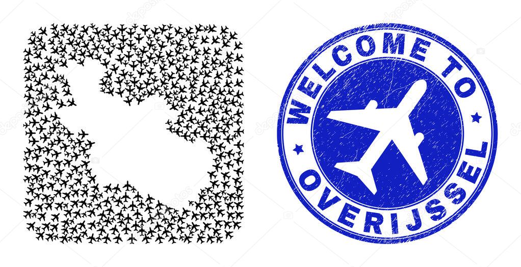 Welcome Rubber Stamp Seal and Overijssel Province Map Airlines Stencil Mosaic