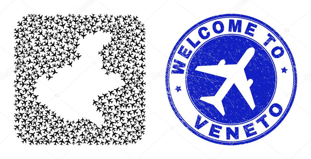 Welcome Scratched Badge and Veneto Region Map Air Fly Stencil Mosaic