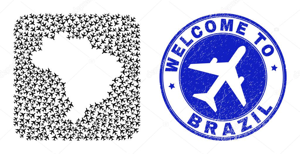 Welcome Scratched Seal and Brazil Map Aeroplane Stencil Mosaic